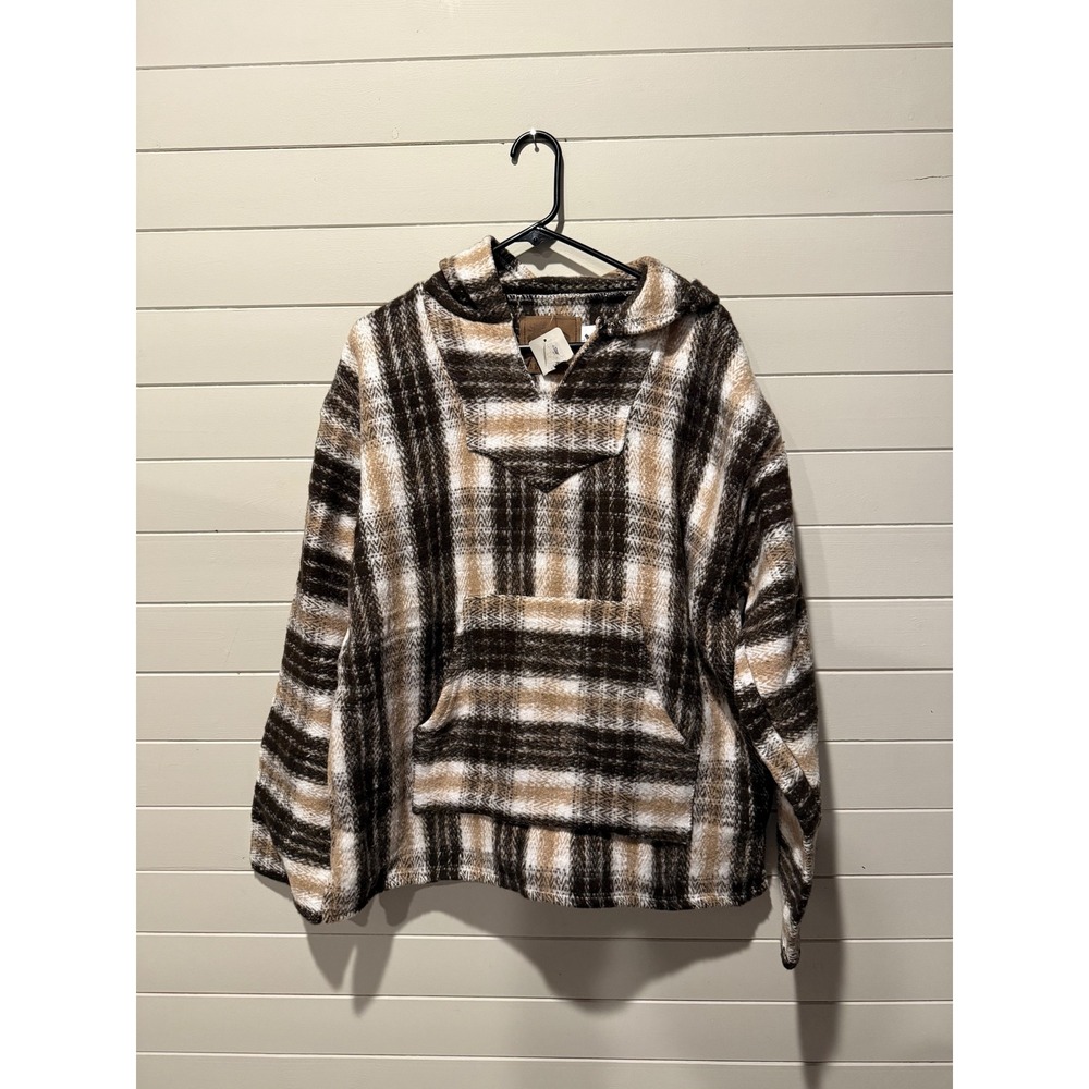 Cabin Fever Mens XL Baja Hoodie Brown Plaid‎ Mexican Blanket Pullover NWT
